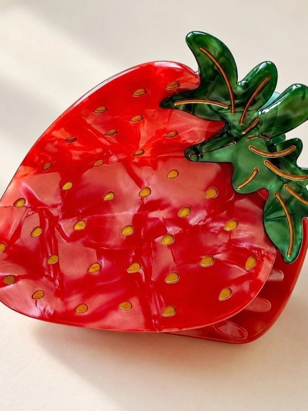 Strawberry Acetate Hair Claw Clip – Red & Green with Gold Details